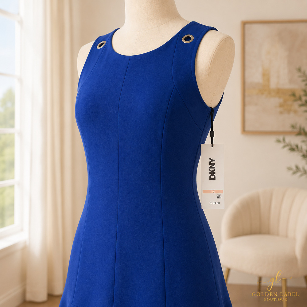 DKNY Fit & Flare Dress Womens 10 Royal Blue Grommet Shoulder Sleeveless NWT - Picture 4 of 7